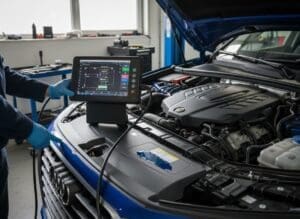 Technician using a diagnostic tablet on the open engine bay of a blue diesel car