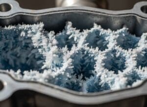Close-up of crystallised white AdBlue urea deposits blocking an SCR component