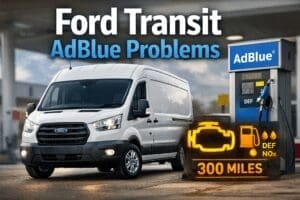 White Ford Transit beside an AdBlue pump with a 300 mile DEF countdown warning