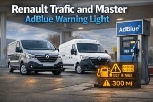 Renault Trafic and Master vans beside an AdBlue pump with a 300 mile DEF warning
