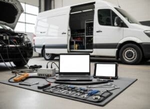 Mobile AdBlue diagnostics equipment laid out ready for a repair job
