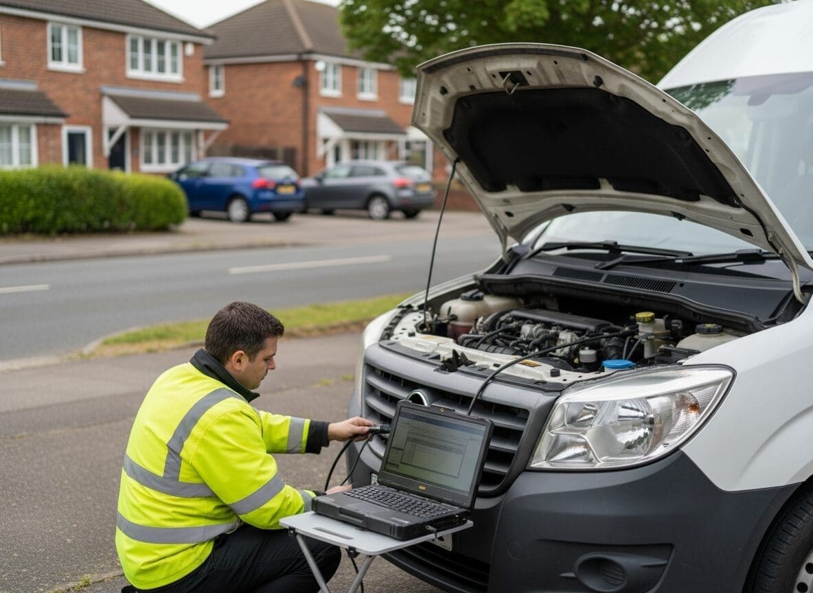 Mobile technician diagnosing an AdBlue fault on a diesel van