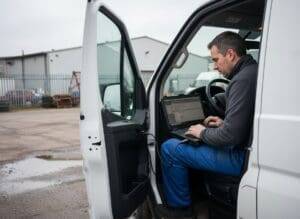 Technician in a van cab using an OBD laptop for diesel diagnostics