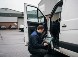 AdBlue technician kneeling beside an open van door during a mobile repair