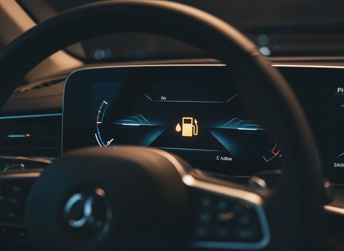 Close-up of an AdBlue warning light caused by a failed NOx sensor