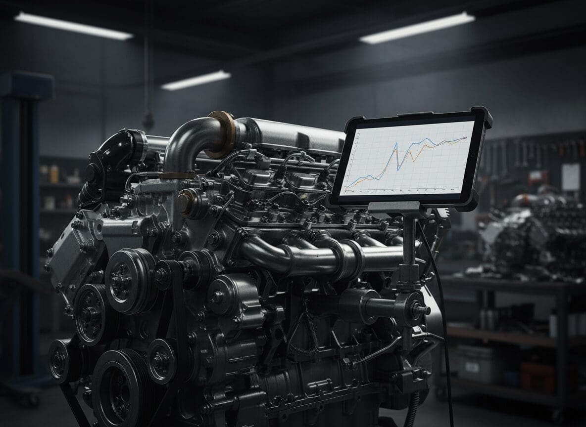 OBD diagnostic tablet connected in a diesel engine bay