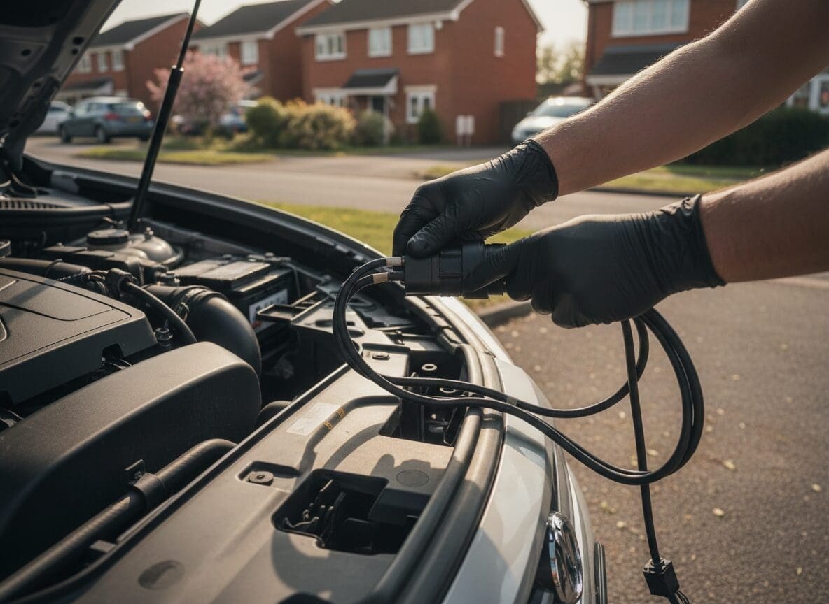 Technician connecting a diagnostic scanner to a diesel vehicle on a driveway in the West Midlands